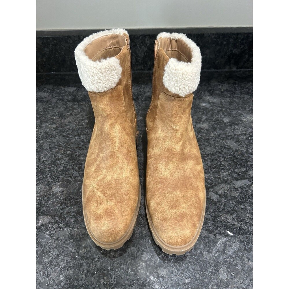 Wonderly Hexley Ladies Brown Sherpa Trimmed Booties Size 9 Chunky Sole Zip Gorp